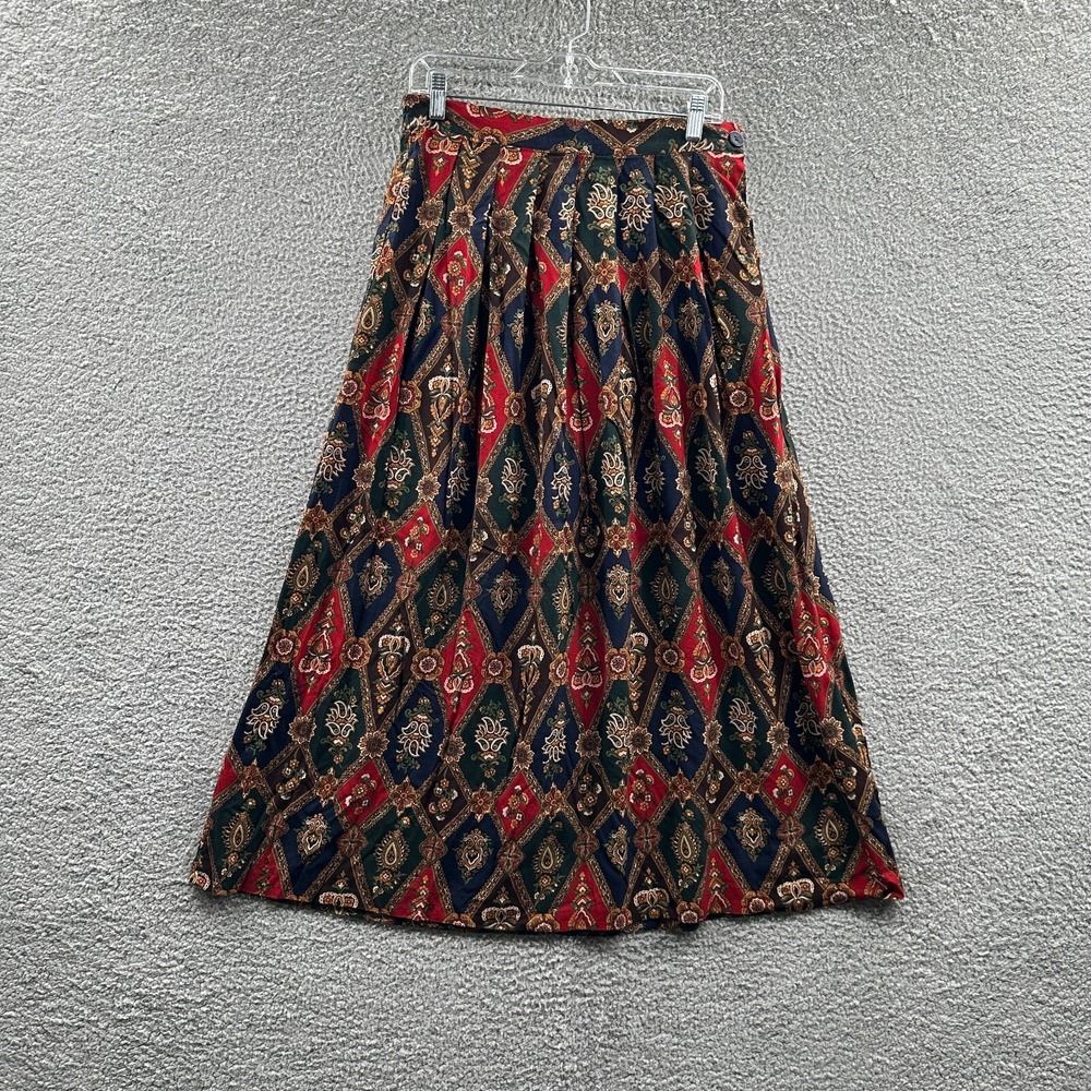 Vintage Women Boho Indie A Line Midi Skirt 12 Tall Geometric Artsy Retro Pleated